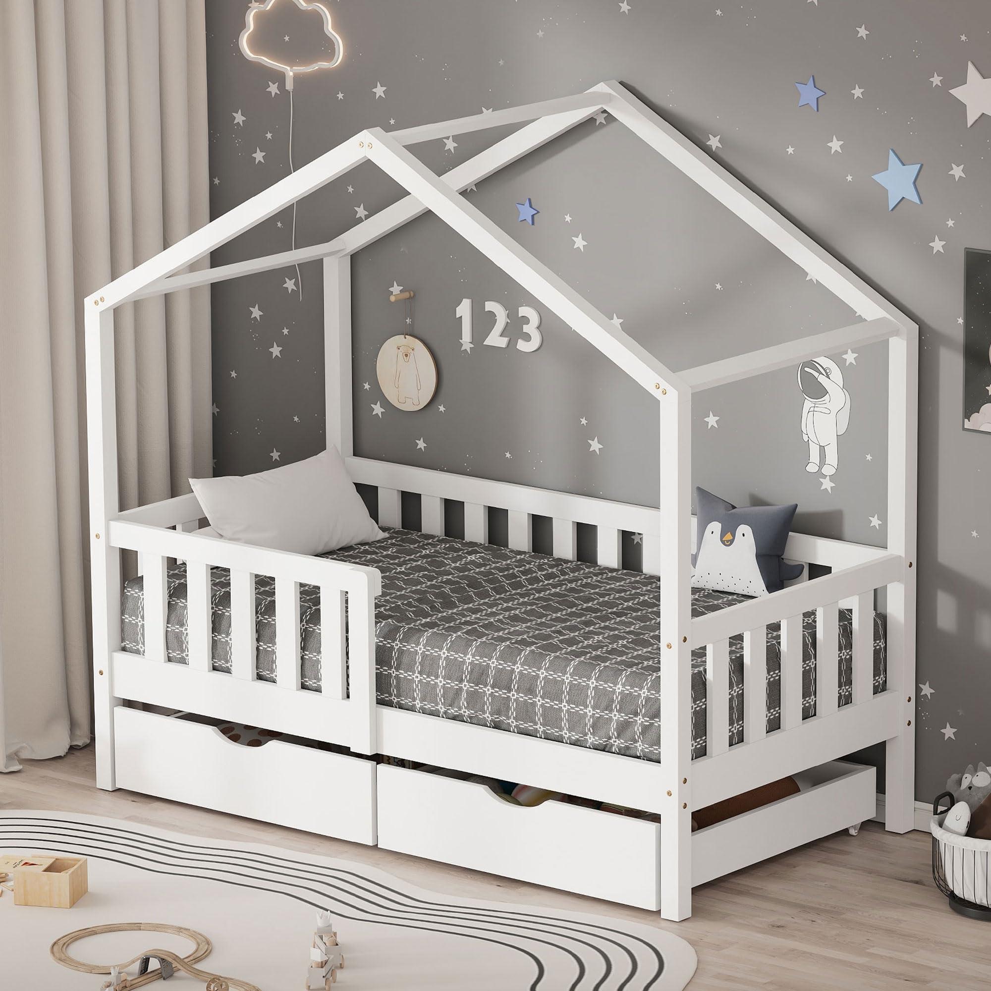 Kinderbett im Haus-Design - Weiß - 70 x 140 cm - Mit 2 Schubladen und Sturzschutz - Aus massivem Kiefernholz