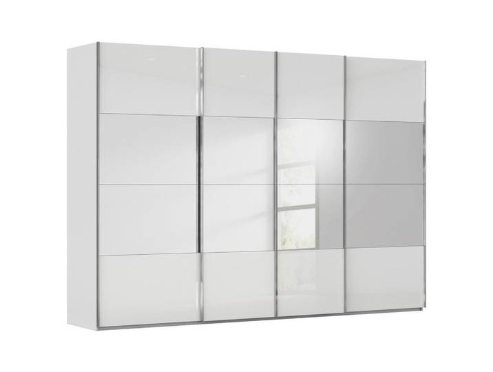 Novel Schwebetürenschrank, Weiss, Seidengrau, Glas, Holzwerkstoff, 8 Fächer, 316x235x68 cm, Blauer Engel, Made in Germany, Beimöbel erhältlich, umfangreiches Zubehör erhältlich, In verschiedenen Grössen erhältlich, in verschiedenen Holzdekoren erhältlich, Türenfelder nicht untereinander austauschbar, Schlafzimmer, Komplette Schlafzimmer und Serien, Schlafzimmerserie