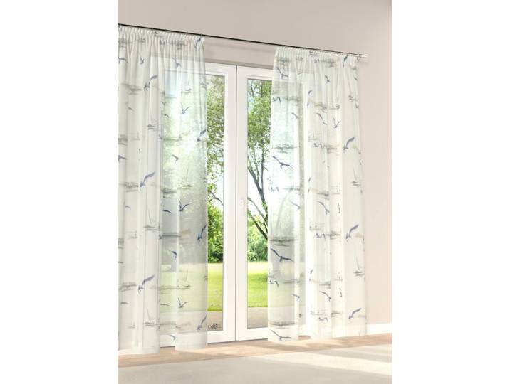 Vorhang STICKEREIEN PLAUEN Möwe Gr. 1, blau (blau, grau, weiß), B:130cm H:125cm, Polyester, Gardinen, Vorhang