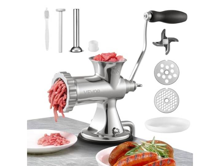 VEVOR manueller Fleischwolf Hand Fleischwolf 304 Edelstahl, 4,5 & 8 mm Schneidplatten, manuelle Fleischmaschine mit Wurstrohr, geeignet für Fleisch Gemüse Schleifen und Wurstfüllung Silber