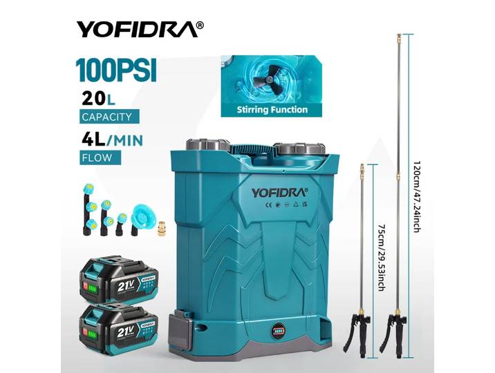 Pulvérisateur électrique YOFIDRA 100 PSI, 20 L, grande capacité, pour arrosage de jardin et pelouse, pulvérisateur à dos, compatible avec batterie Makita 21 V.