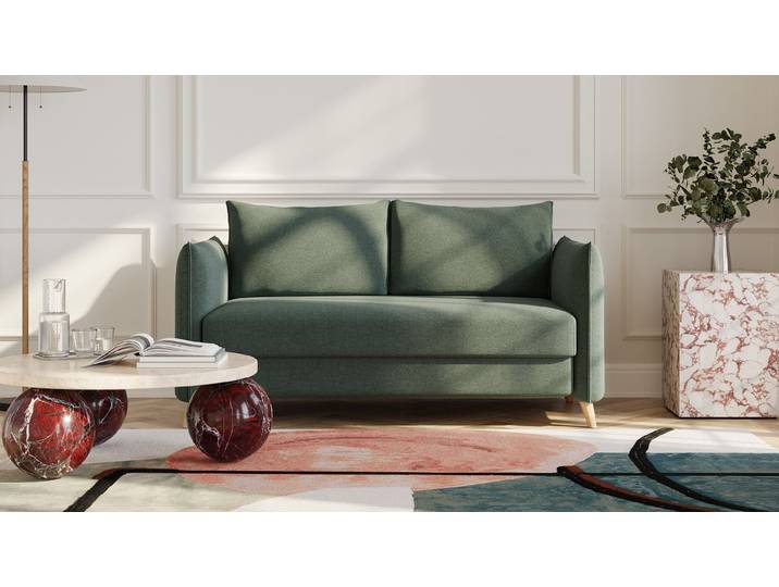 BRUNO Schlafsofa 140cm in Grün Pillow stabiles Massivholz & Boxspringkomfort