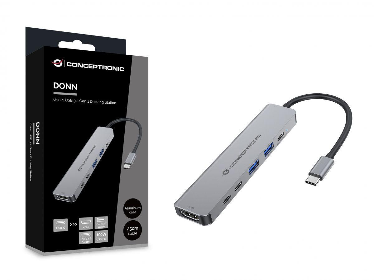 Conceptronic DONN33G 6-in-1 USB 3.2 Gen 1 Dockingstation, HDMI, USB-A 3.0 x 2