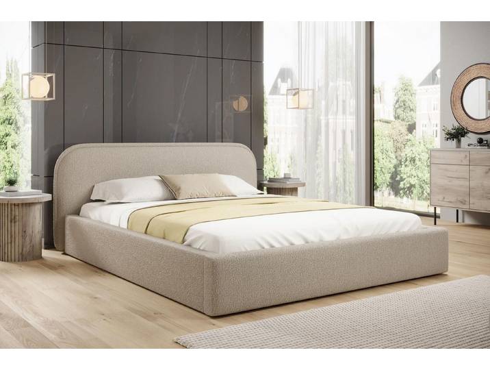 Compleo Polsterbett Bequemes Bett, Designerbett, Minimalistisches Design, Bouclé Stoff, Elegantes Schlafzimmer