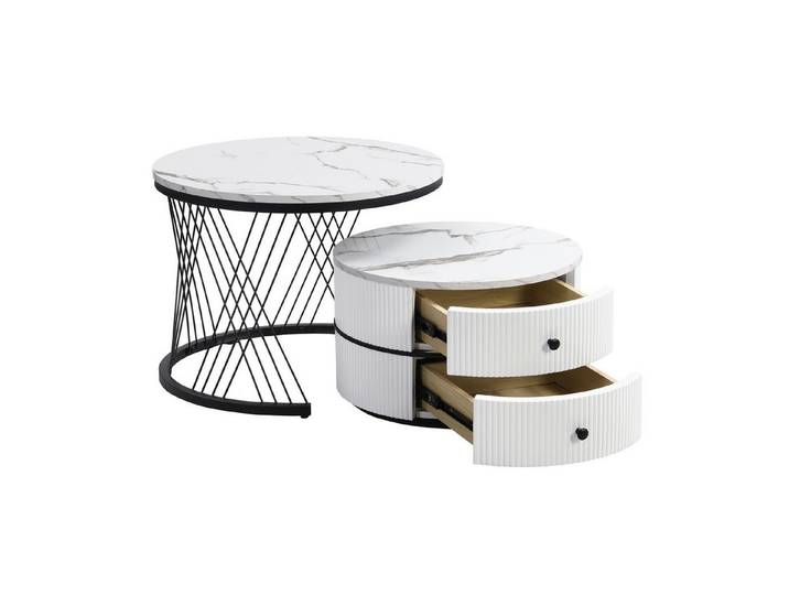 Odikalo Couchtisch Wohnzimmertisch-Set Tische Marmoroptik Schubladen Nesting-Kombination