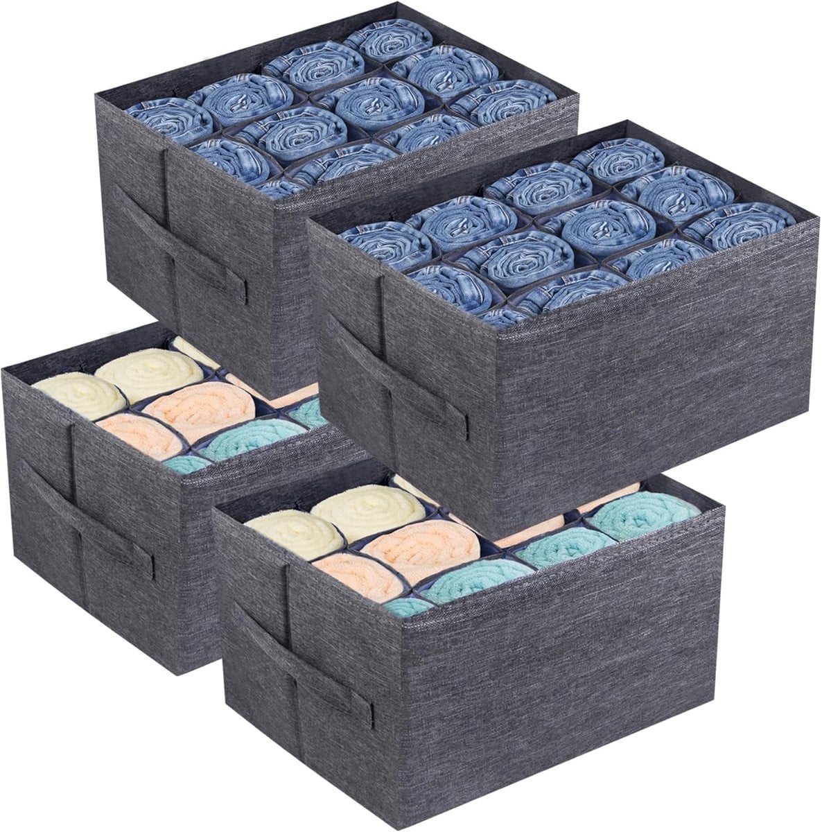 SnelShoppen 4 Pack Kleding Organizer met 12 Cellen, Vouwbare Ladeverdeler en Stapelbare Opbergdoos voor Broeken en Spijkerbroeken