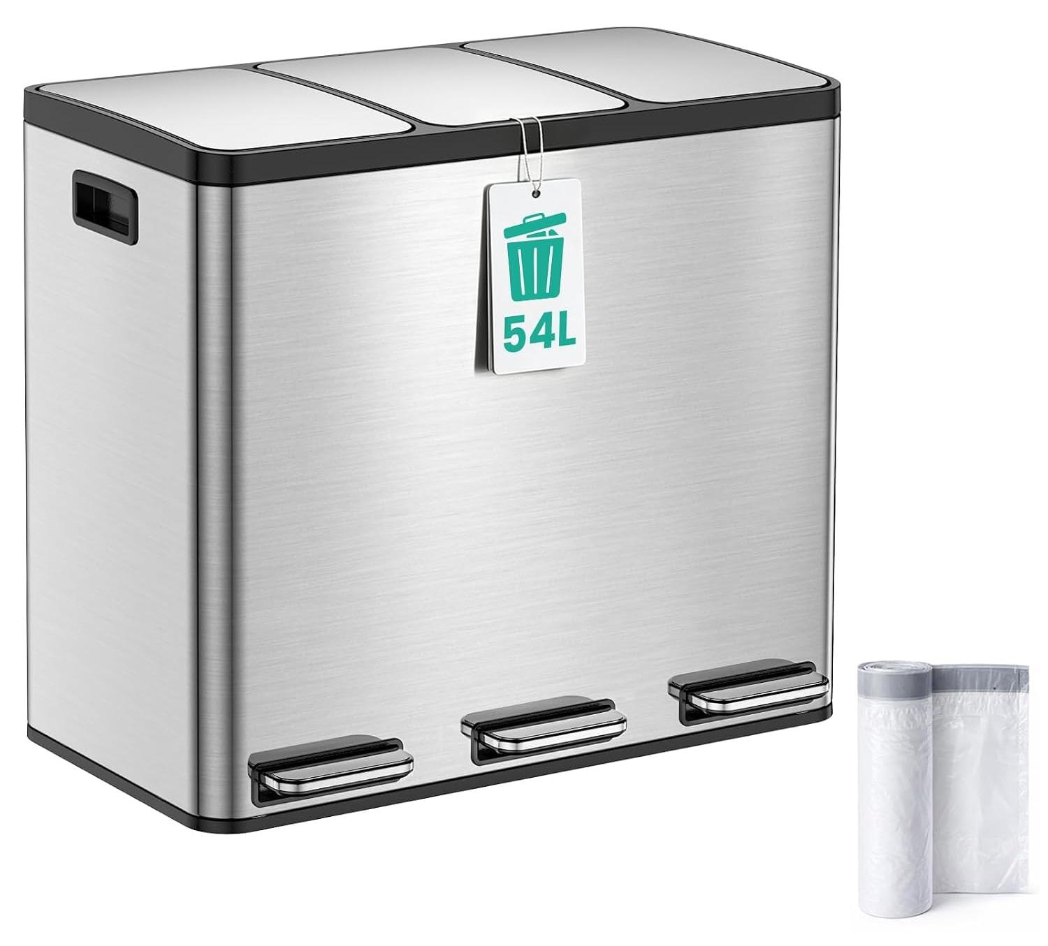 Mülleimer 3x18 l, Edelstahl, Softclose, Pedal, 54 l, inkl. 15 Beutel