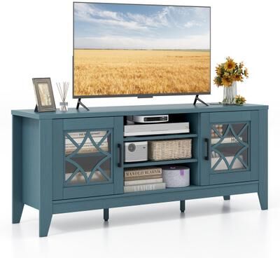 Costway Farmhouse TV Stand for TVs Up to 65 Inches 4 Adjustable Shelves-Teal Blue
