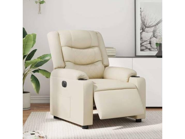 HEFZGDB Elektrischer Relaxsessel mit Liegefunktion und Seitentasche, Creme Kunstleder, Automatische Verstellung bis 135 Grad, Bequem und Langlebig