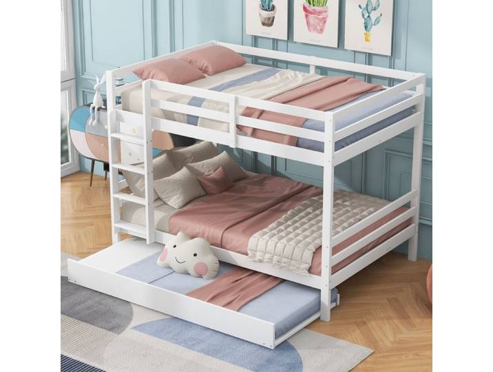 Lit superposé enfant 140x200 cm avec lit gigogne-Bois massif Blanc- escalier stable barrières hautes- design moderne et robuste