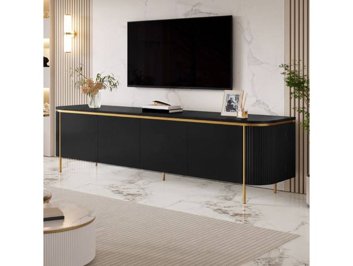 Piaenon - Meuble TV 180x38x46cm avec 6 Portes Coins Arrondis 50kg Rangement Salon Moderne - Noir