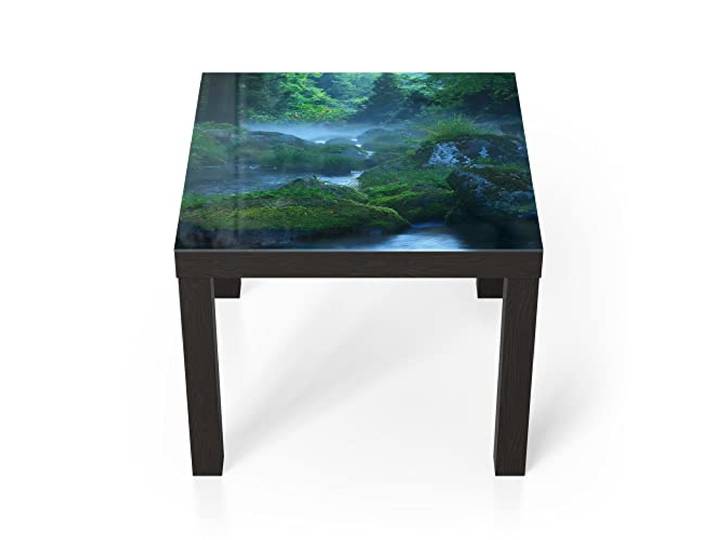 DEQORI Glastisch schwarz klein 55x55 cm Motiv Wasserquelle im Wald ausgefallener Beistelltisch aus Glas Hochglanz Couchtisch fürs Wohnzimmer moderner Couch Tisch mit Design