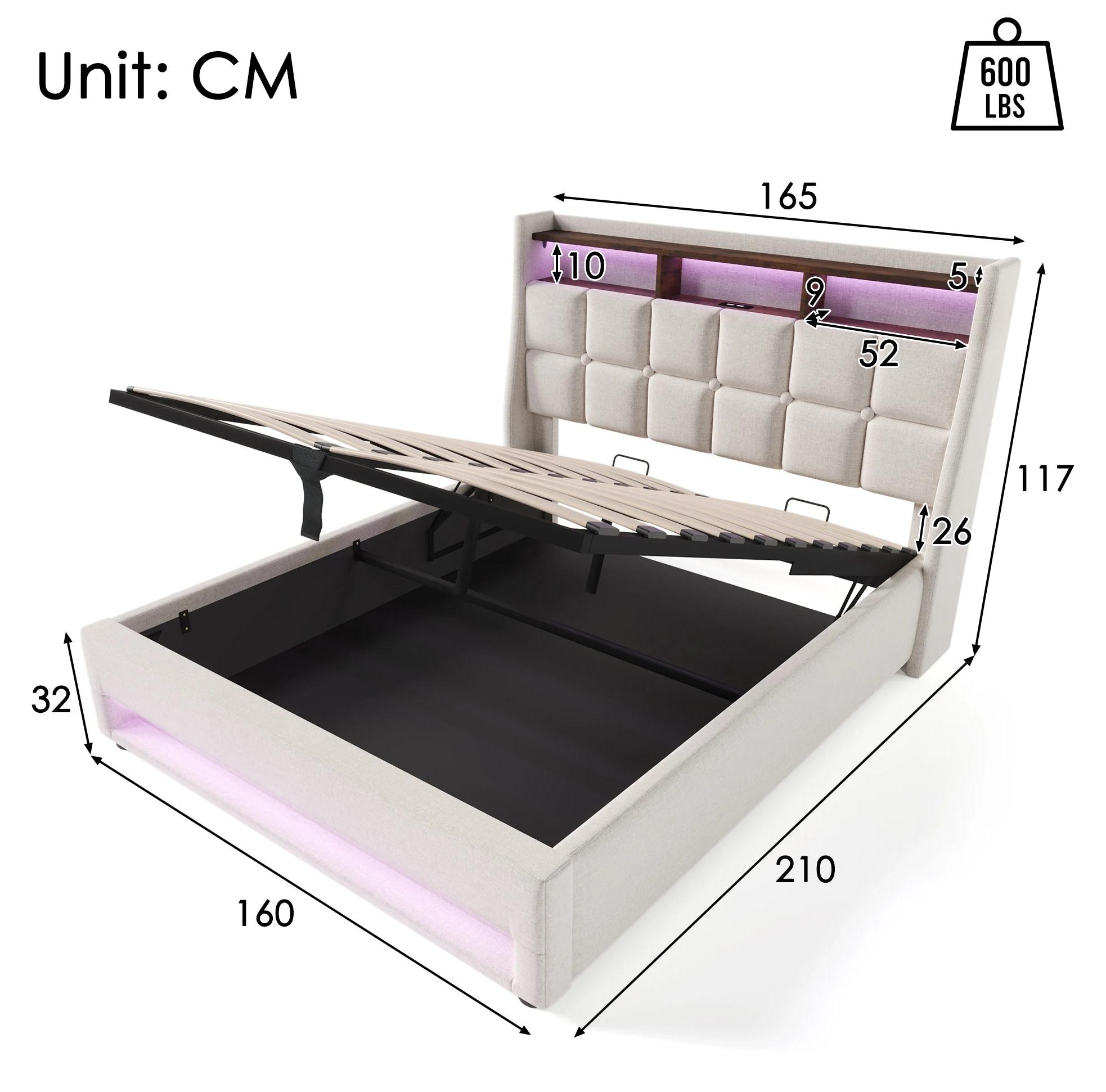 Doppelbett - Bett mit Stauraum - Polsterbett - Bett mit hydraulischem Aufzug - Bettgestell aus Holzlatten - 180x200 cm