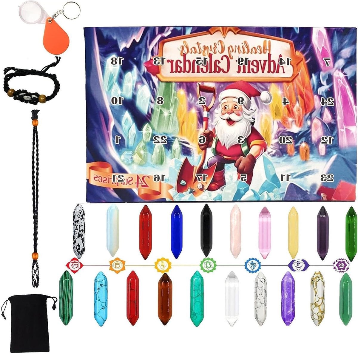 Kerst Countdown Adventskalender met Kristallen en Vergrootglas - 24 Dagen - Kleurrijk