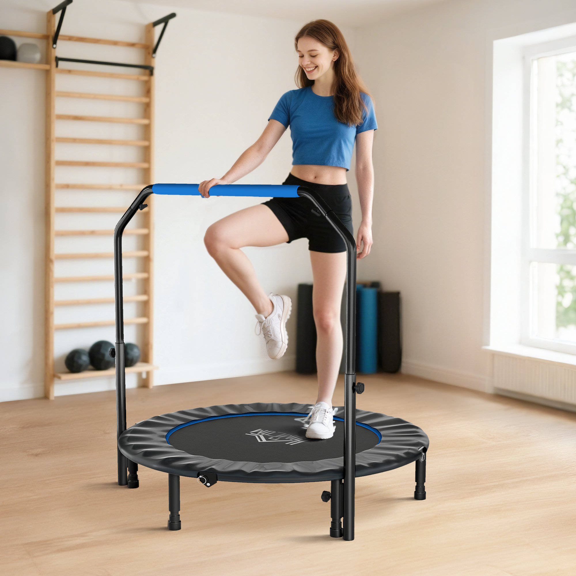 Homcom Trampolino da Fitness per Adulti Ø122 cm, Pieghevole, con Manubrio Regolabile a 4 Livelli, Nero e Blu   Aosom Italy