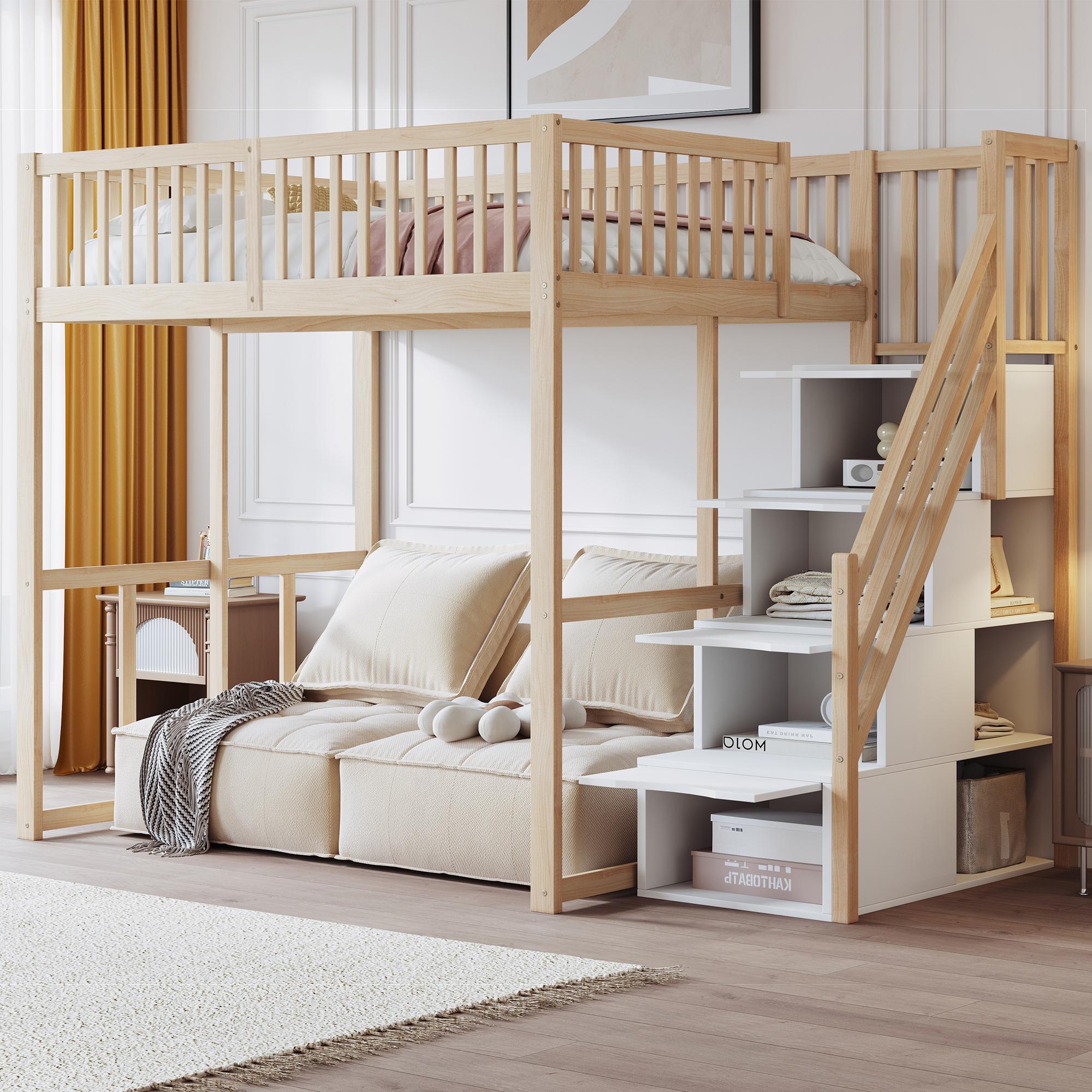 Flieks Etagenbett 140x200cm mit Stauraumtreppe, Kinderbett Doppelbett mit Rausfallschutz, Hochbett Holzbett mit Lattenrost, Naturbelassen