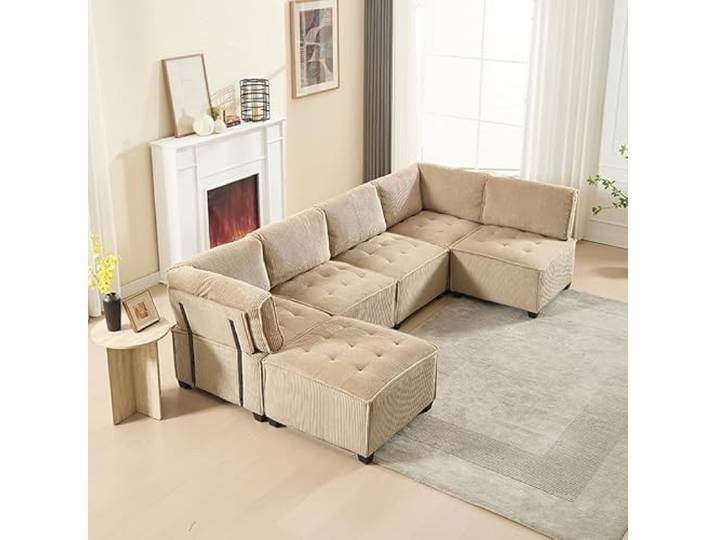 FammyLoft Modulares Sofa 6-Sitzer-Sofa, Ecksofa mit Schlaffunktion, Flexibel Sofa l/U Form mit Stauraumtaschen, Cloud Couch, Stabile Holz- und Metallstruktur, Ergonomisch, 308cm, Cordstoff, Khaki
