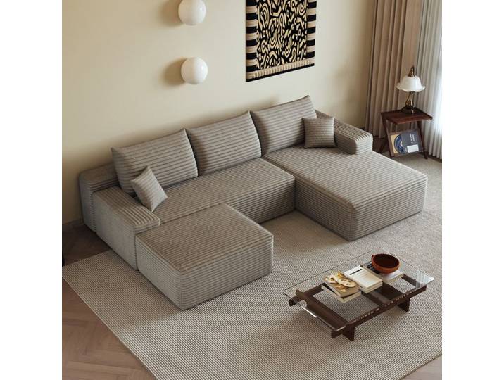 Modenuit Canapé d'angle modulaire 270 cm chaise longue réversible velours côtelé camel 4 places sans montage