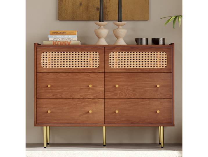 Commode à 6 tiroirs en rotin PINGGO, commode en noyer pour chambre à coucher, salon, 120x40x90cm, meuble de rangement