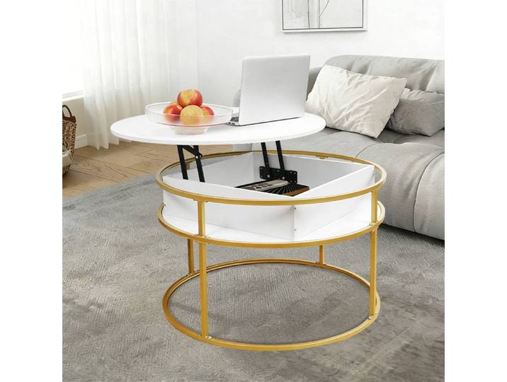 HOMEWELL. TABLE DE SALON RÉGLABLE AVEC COMPARTIMENT DE RANGEMENT RONDE 60*60*60CM BALNC