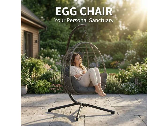 HAUSPROFI Fauteuil suspendu en forme d'œuf avec support, hamac balançoire, coussin résistant aux intempéries, charge maximale 130 kg pour jardin, balcon, terrasse, décoration