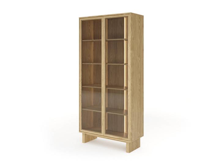 Ravio Vitrine Virone (Geölte Eiche, LED-Beleuchtung, Glasfronten, Push-to-Open, hohe Füße), Eichefarben, Holz, Rechteckig, 93x195x38 cm, Esszimmer, Vitrinen, Vitrinenschränke