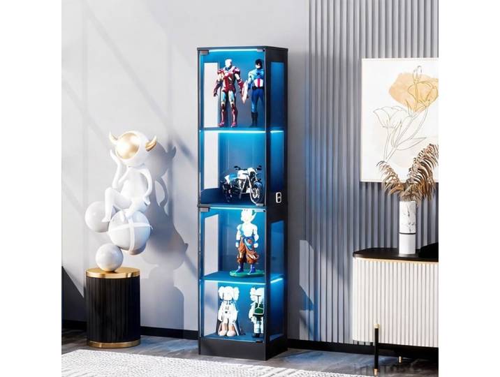 Vitrine haute 165 cm ABS noir 4 niveaux éclairage LED détecteur mouvement portes vitrées 40x35 cm