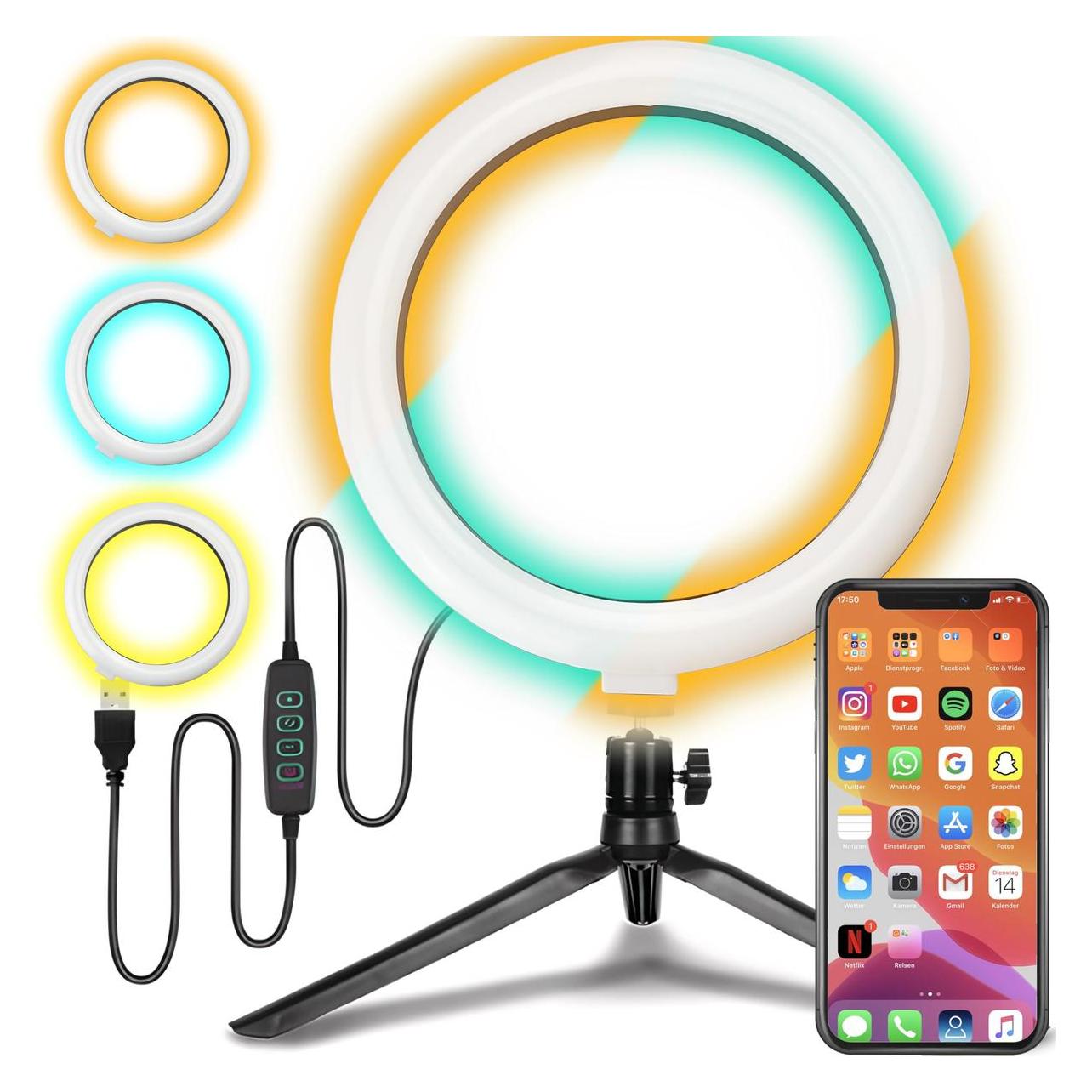 Retoo Selfie-Ringlicht - 16 cm Durchmesser - 7 W - 3 Beleuchtungsmodi - Schwarz - Mit Stativ (Ringlicht) (71750971)