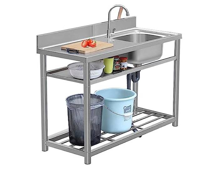 Mobiles Spültisch Outdoor Edelstahl Spülbecken Küchenspüle Spüle Campingküche 1 Becken Waschbecken Freistehende Gewerbliche Waschtisch Werkstatt Ausgussbecken 100x50x80cm/39.4x19.7x31.5in Right