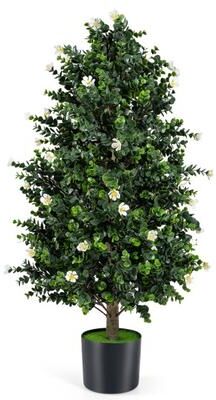 Costway 2 Pack Artificial Topiary Cone Tree Faux Potted Shrub Plant with 49 Flowers-White