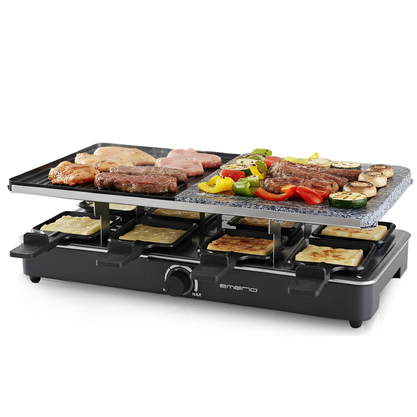 Emerio Gourmet Steengrill Raclette Grill RG-110035 met 1400 W, voor 8 personen, inclusief 8 houten spatels en pannetjes