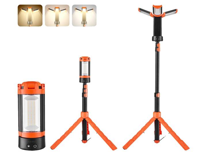 VEVOR Projecteur de chantier LED avec trépied\, lampe de travail 8 Ah\, lampe de camping rechargeable\, avec 3 têtes de lampe\, support de trépied amovible\, 2200 LM 3000 K-6500 K dimmable\, éclairage pour le chantier