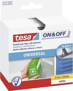 tesa On & Off Klettband, 20 mm x 2,5 m, weiß