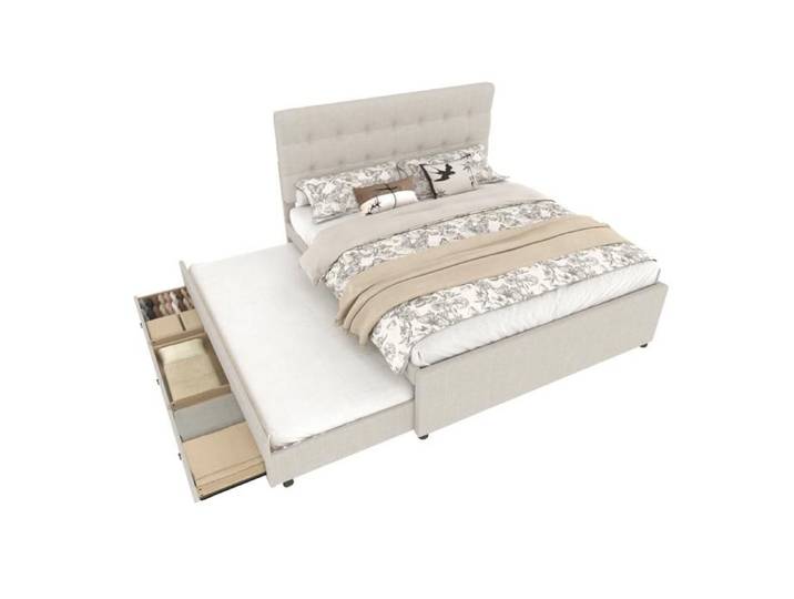 VLIVRA Lit gigogne 2 Places 3 Tiroirs et Tête Réglable 140×200 cm - sans Matelas - en Lin - Beige