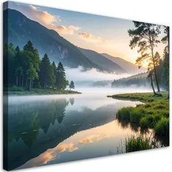 LEINWANDBILD Aussicht See Wald im Nebel 100x70cm