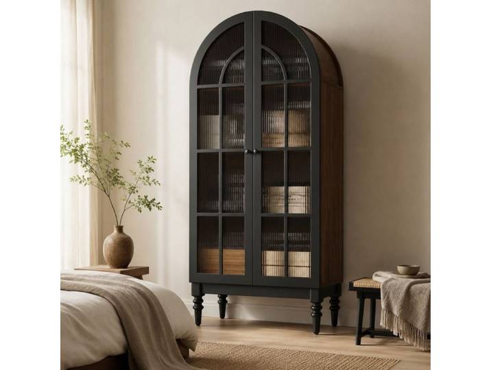 HOMVRA Buffet haut vitrine arqué 76x38 5x165 cm portes vitrées MDF et verre noir et effet bois