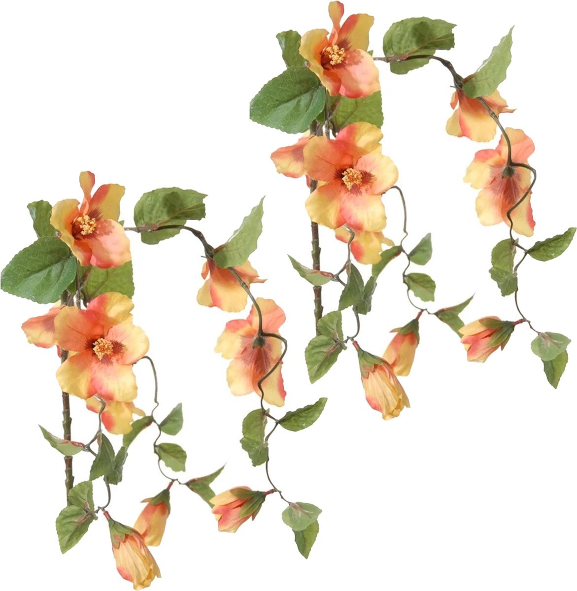 Louis Maes Hibiscus kunstbloemen - 2x - perzik - hangende tak - 65 cm