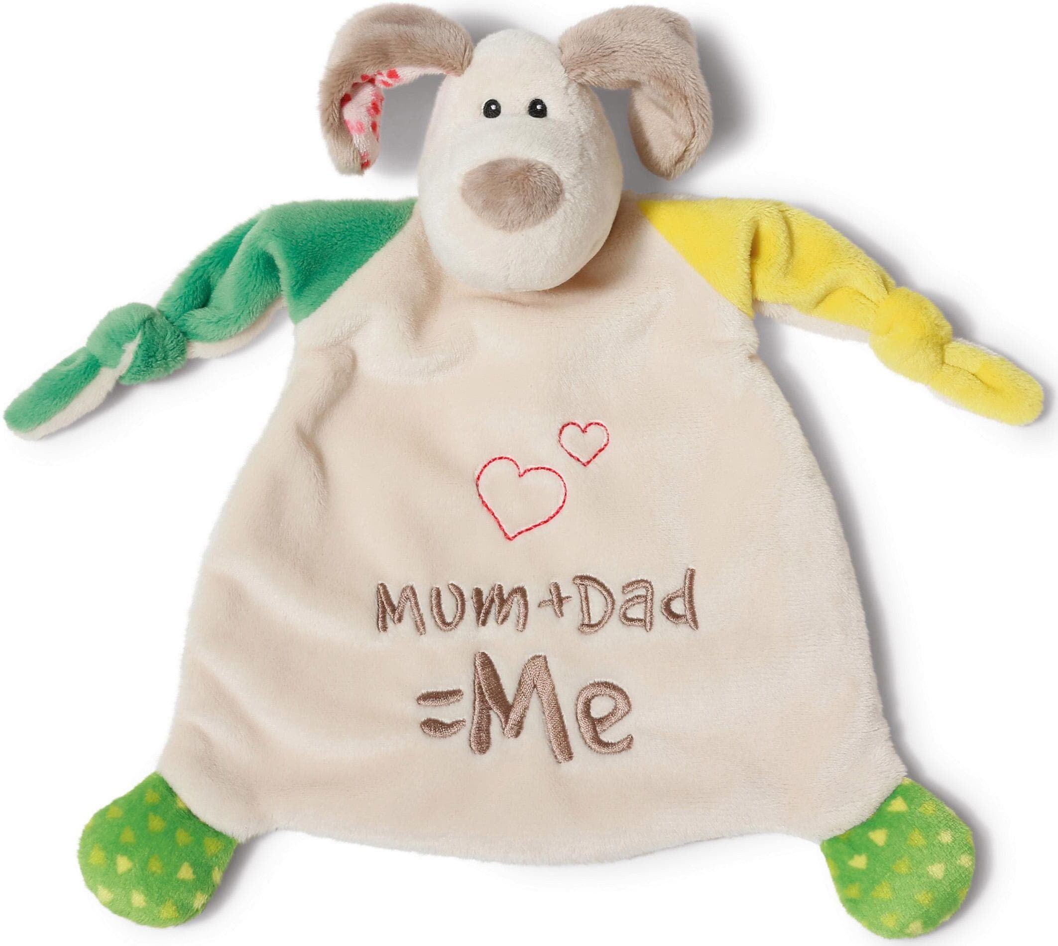 Schmusetuch NICI "My First NICI Kollektion, Hund Fino, Mum+Dad=Me", Baby, bunt, Plüsch, Polyester, Schnuffeltücher, mit aufgestickten Augen