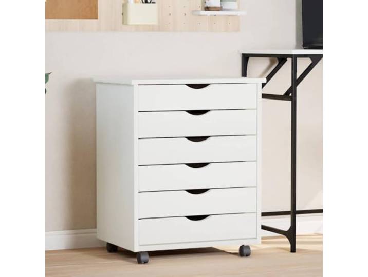 ZXQVLMRS Rollschrank mit 6 Schubladen, Kiefernholz, Weiß, 53 x 39 x 65.5 Massivholz-Konstruktion, Leichte Mobilität durch Rollen
