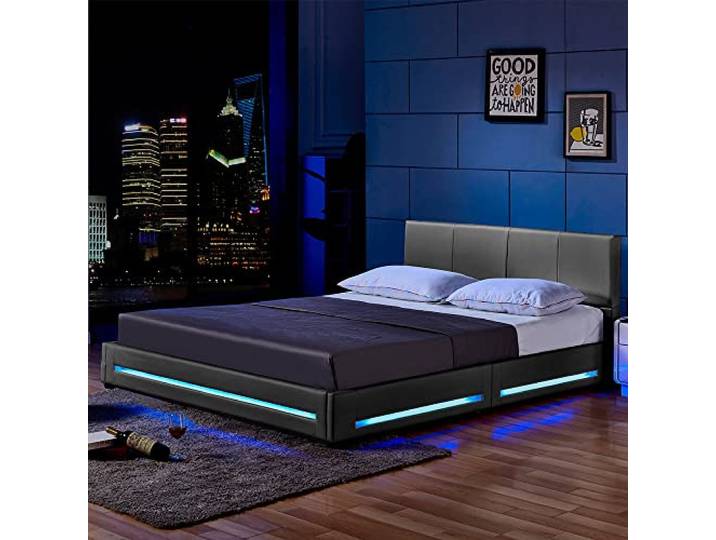 Home Deluxe - LED Bett Asteroid - Dunkelgrau, 160 x 200 cm - Inkl. Lattenrost I Polsterbett Design Bett inkl. Beleuchtung