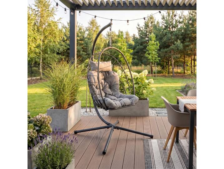 BEAUTYSOFA MYKONOS Hängesessel Grau mit Gestell – Schaukelstuhl für Garten, Balkon & Terrasse, Hanging Egg Chair, Relaxsessel mit Kissen