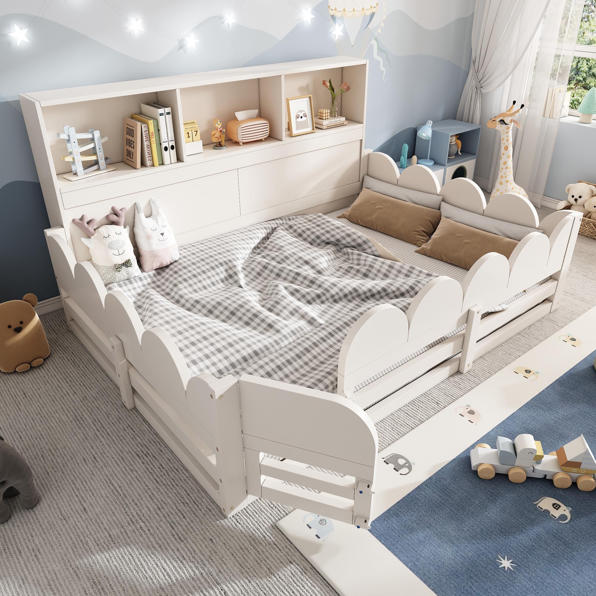 Merax Kinderbett Holzbett 140x190cm mit Rausfallschutz und Tür, Einzelbett mit Lattenrost und Regal, Bodenbett für Kinder und Geschwister, Weiß
