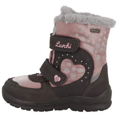 Winterboots LURCHI "Kimiko SYMPATEX, Blinkschuh", Mädchen, Gr. 29, rosa (rosa, dunkelgrau), Lederimitat, Textil, Schuhe Winterboots, Boots mit Schneeflocken Print, Größenschablone zum Download