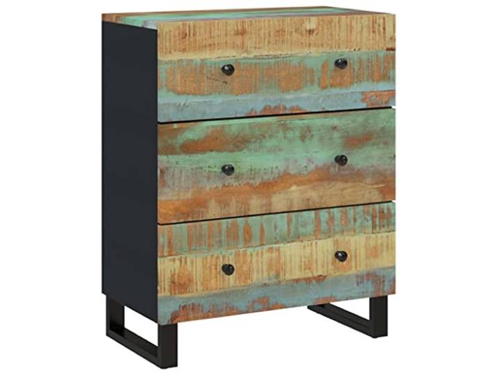 Foknhdi Sideboard 60x33x75 cm Massivholz Anrichte Industrial Schwarz Kompakte Kommode aus buntem Altholz und schwarzem Eisen fuer Wohnzimmer und Flur mit stabiler Ablage.