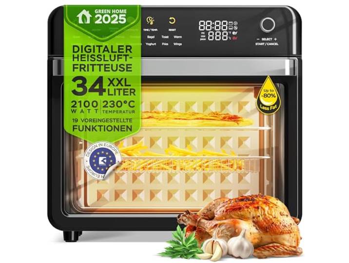 TurboTronic Multi-Smart-Ofen - 19in1 Heißluftofen & Heißluftfritteuse 2100W Power 34L bis 0,5 kg Pommes Mini-Backofen mit Dörrfunktion 40-230°C Grill Airfryer Dörrautomat schwarz