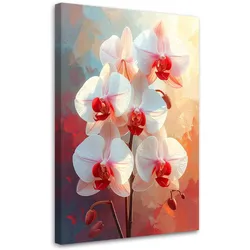 WANDBILD, Weiße Orchideen mit roten Akzenten in Pastellfarben