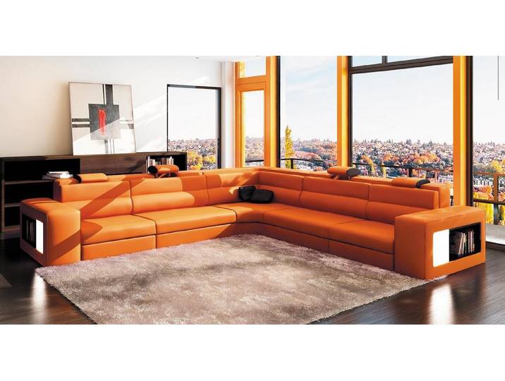 JVmoebel Ecksofa Orange Eckcouch mit LED-Beleuchtung aus Echtleder und Kunstleder, Made in Europa