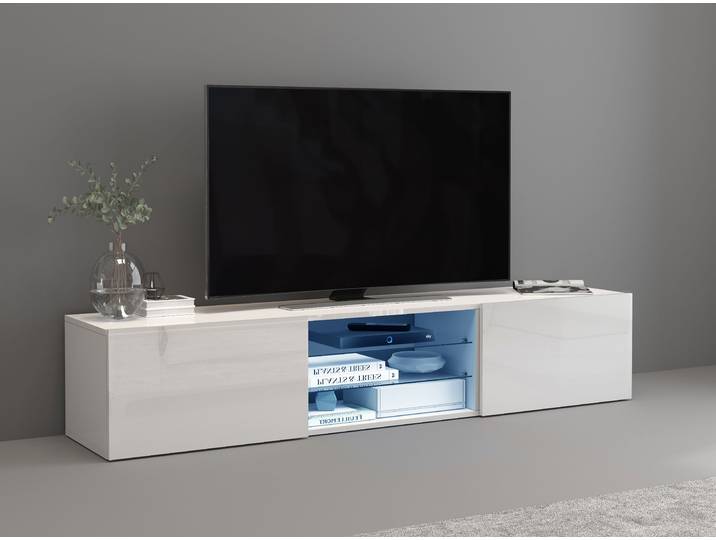 Lowboard, FSC®-zertifizierter Holzwerkstoff, Weiß Hochglanz, 180×38×35 cm, Mit 2 Türen & 2 Glasböden, Modern, Inosign