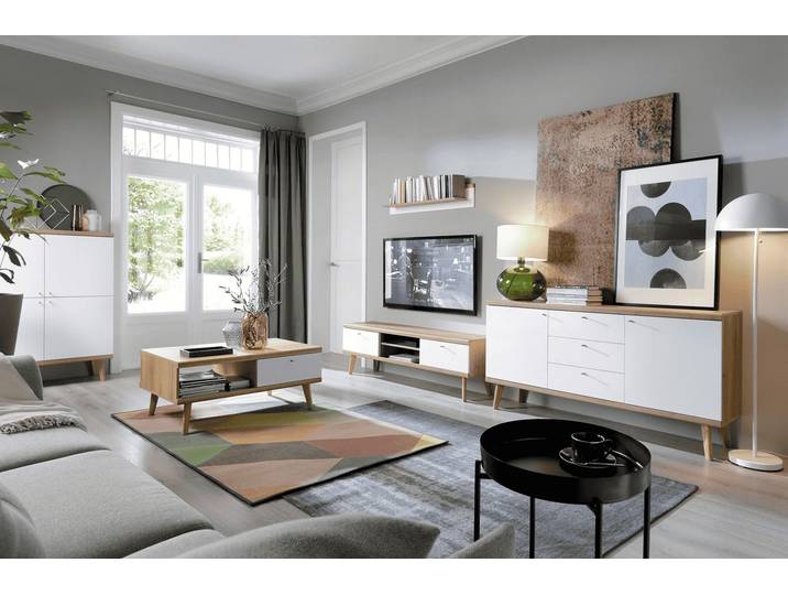 Wohnzimmer-Set Wohnzimmer Set – PRIMO – 5-teilig – Weiß / Sonoma