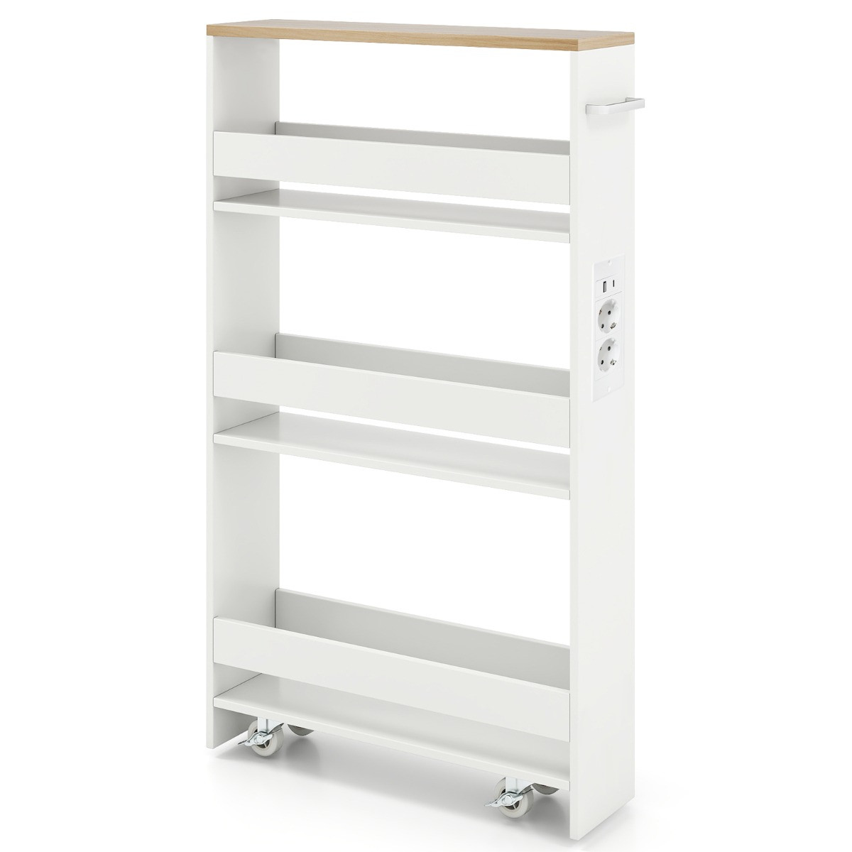 Costway Ultradunne Opbergkar met Oplaadstation, 4-laags Keukenkar met Handgrepen, Naturel, Breedte: 13 cm